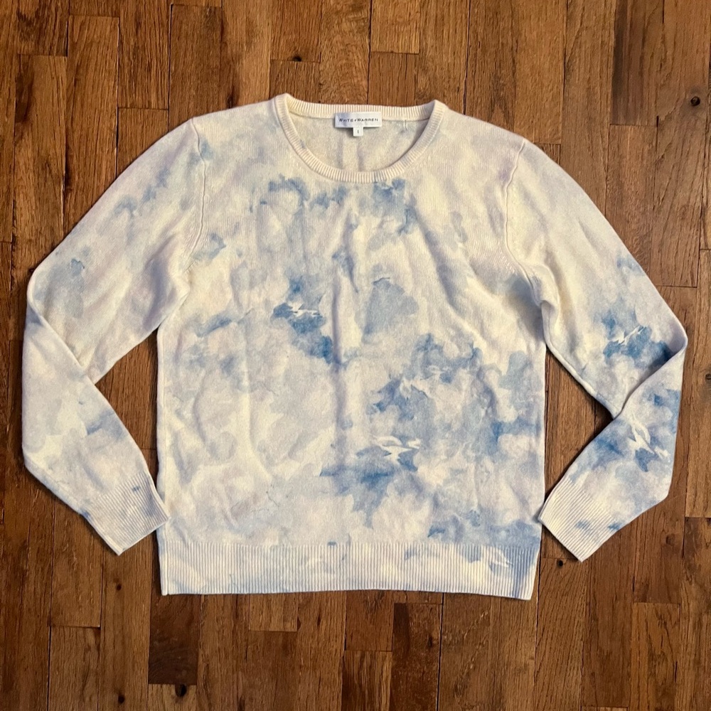 White + Warren Cream and Blue Sweater cashmere 100%
